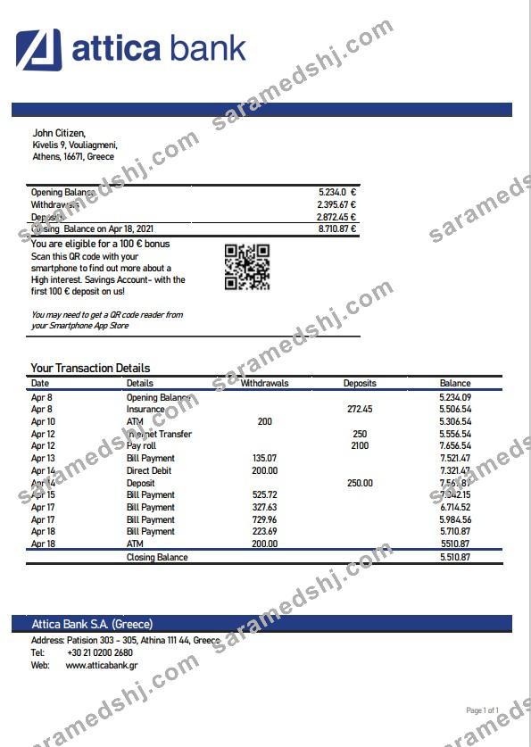 Greece Attica bank statement template, Word and PDF format